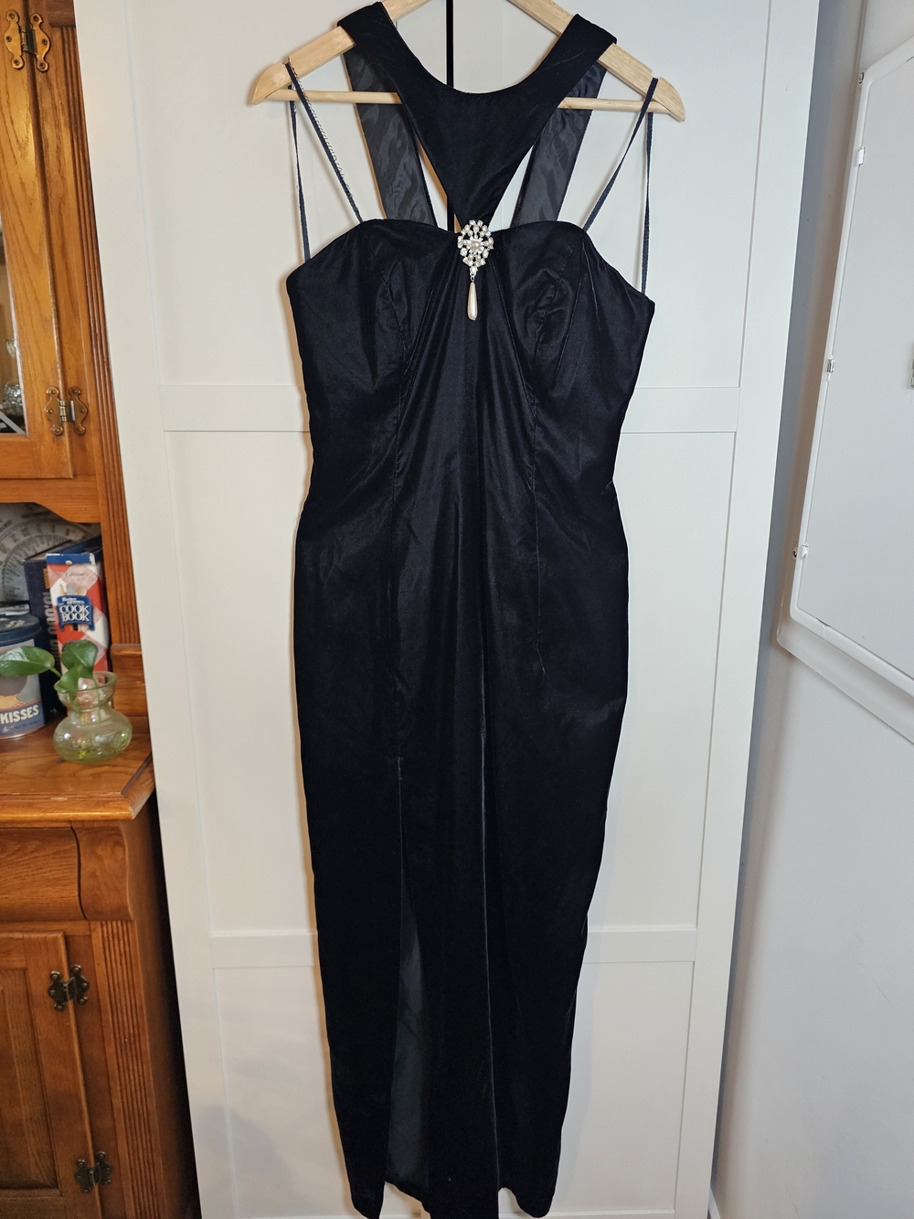 Vintage 90s Dave & Johnny Black Velvet Boned Bodice Halter Maxi Dress Sz 13/14 M